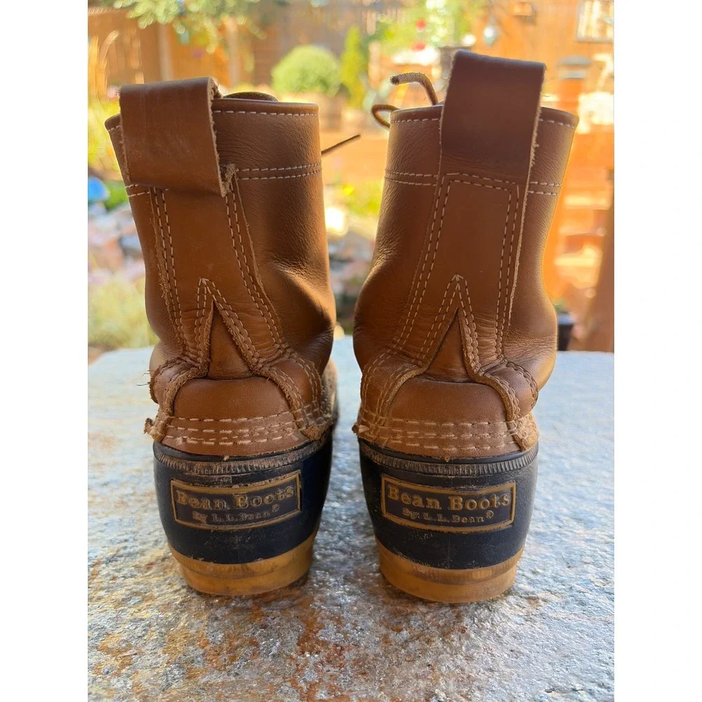 LL Bean 8 Inch Duck Boots Mens 9 Brown Navy Leather Waterproof Rain Snow Maine
